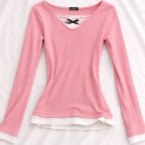 Women's Pink Ribbed Lace-Trim Long Sleeve Top